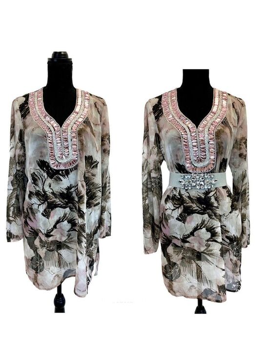Premise Tops - PREMISE brown pink sheer chiffon gem jewelled beach coverup blouse top Sz L 🔥